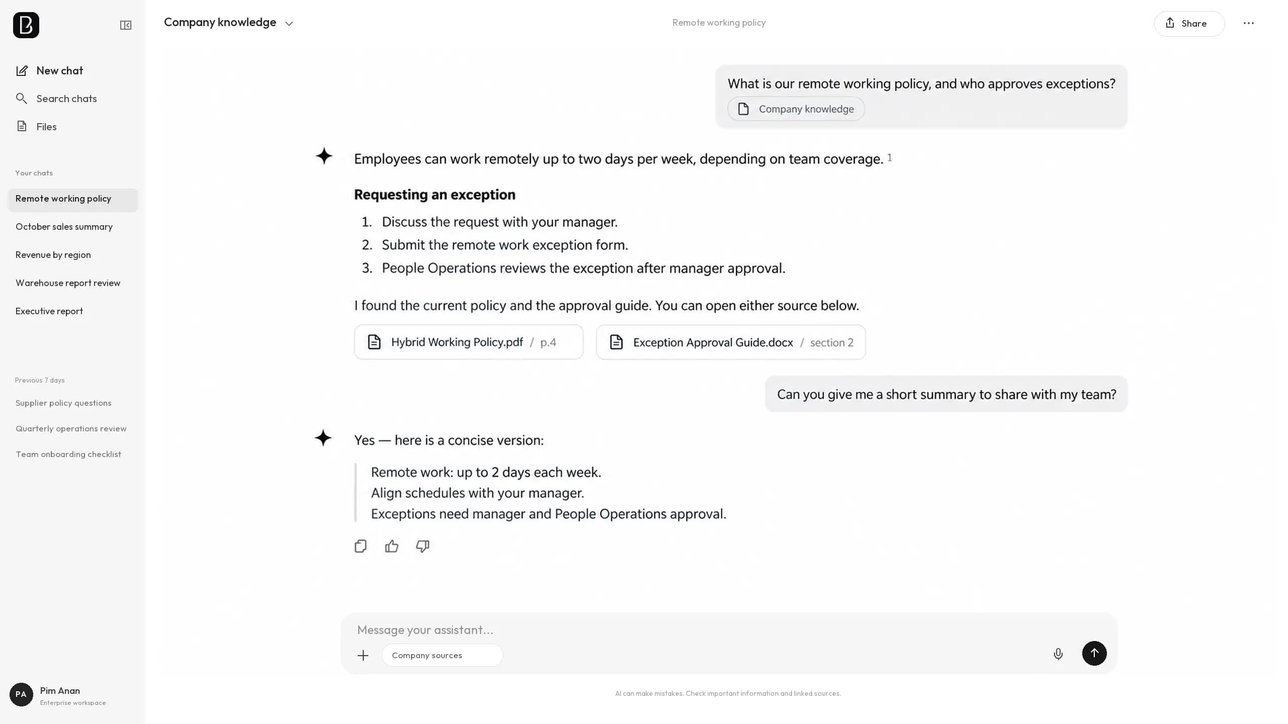 Enterprise AI answering a company policy question with linked document sources